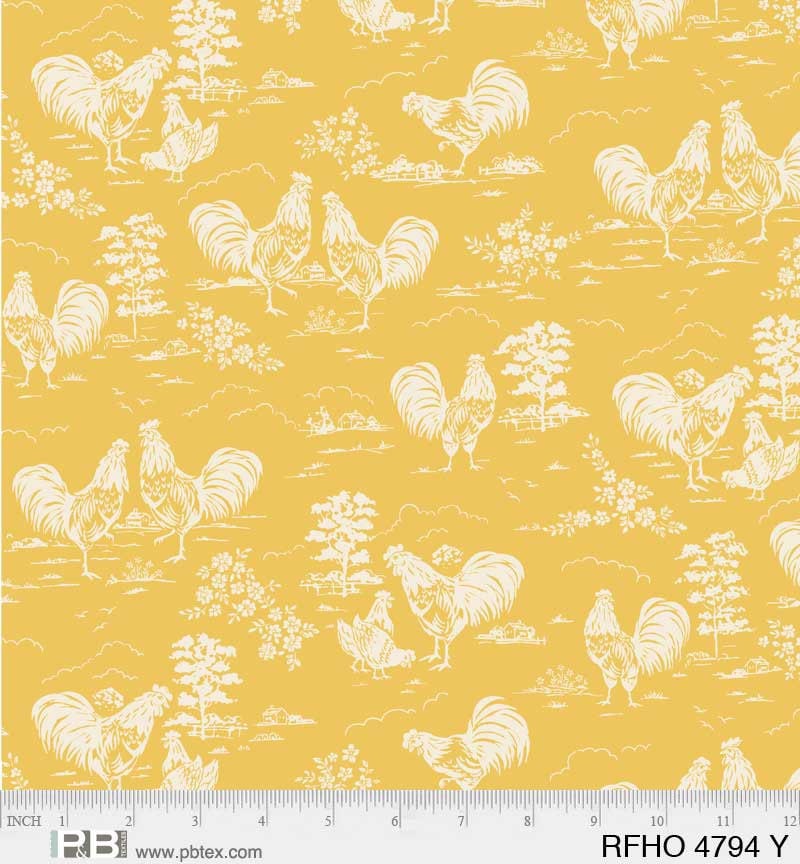 Yellow Rooster Toile - Rooster Farm House - 100% Cotton 