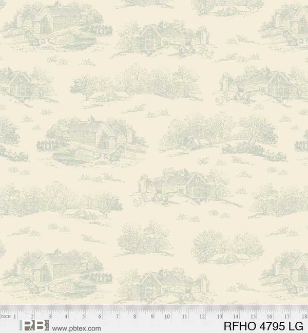 Scenic Toile Light Green - Rooster Farm House - 100% Cotton 