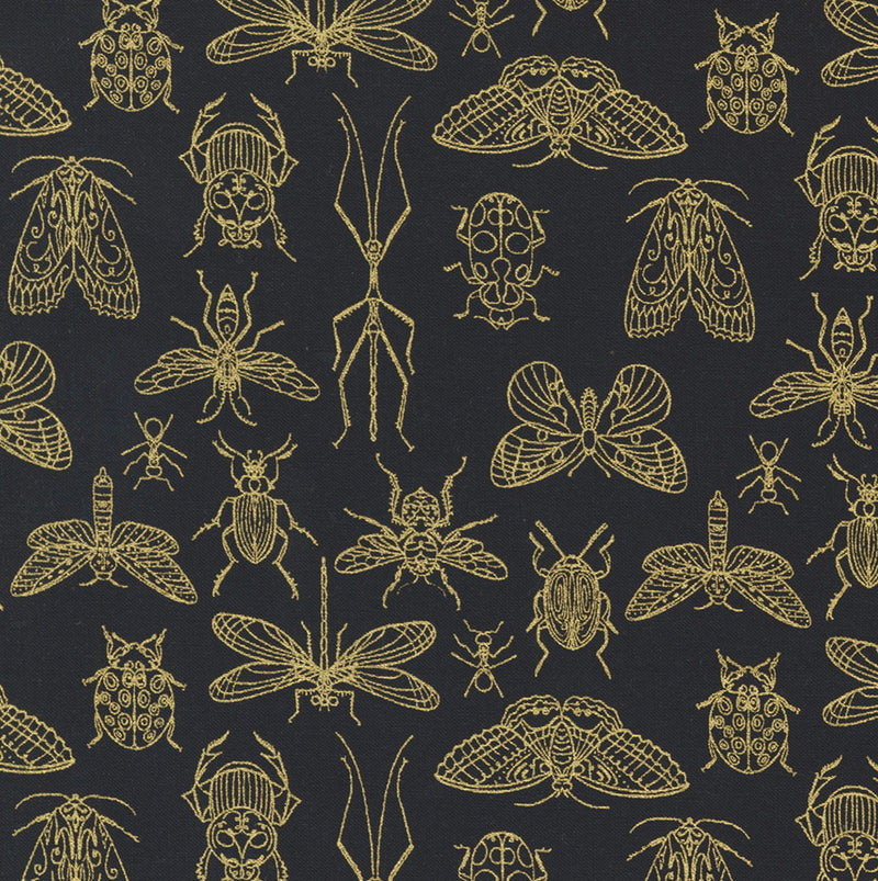 Midnight Insects on Night with Metallic - Gingiber - 100% Cotton