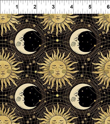 Suns and Moons on Black - The Sun, the Moon, and the Stars! by Jason Yenter - In The Beginning Fabrics