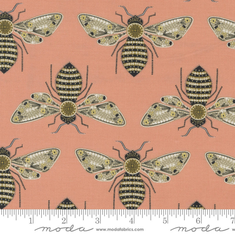 Bumblebee in Flight on Blossom with Metallic - Gingiber - 100% Cotton