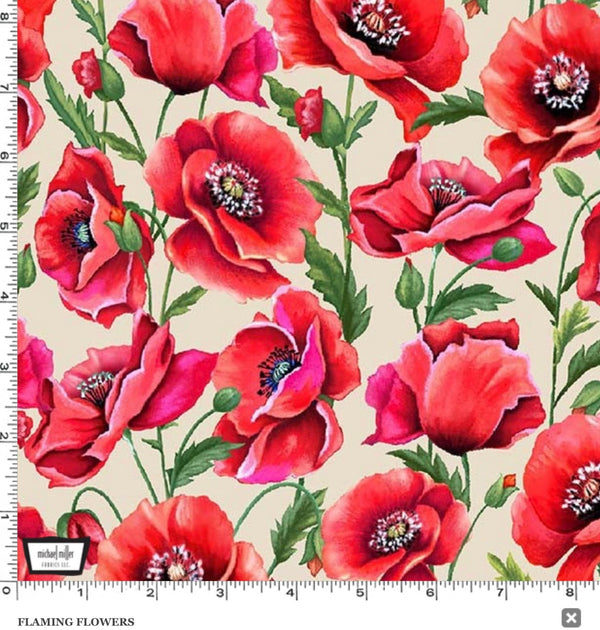 Flaming Flowers Beige - Poppies - Floral Fabric - Michael Miller Fabrics - 100% Cotton - DCX10831-BEIG-D