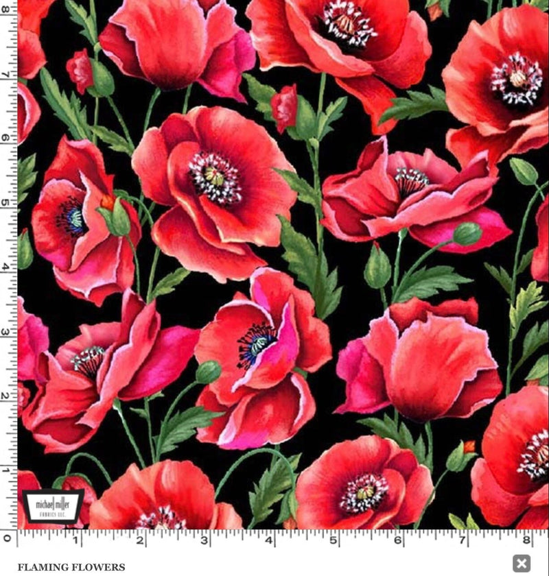 Flaming Flowers Black - Poppies - Floral Fabric - Michael Miller Fabrics - 100% Cotton - DCX10831-BLAC-D