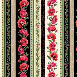 Poppy Stripe - Poppies Border Stripe - Floral Fabric - Michael Miller Fabrics - 100% Cotton - DCX10827-BLAC-D