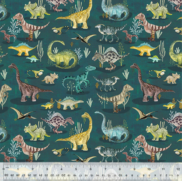 A Moment in Time Teal - Age of the Dinosaurs by Katherine Quinn for Windham Fabrics - 100% Cotton - 53555D-3