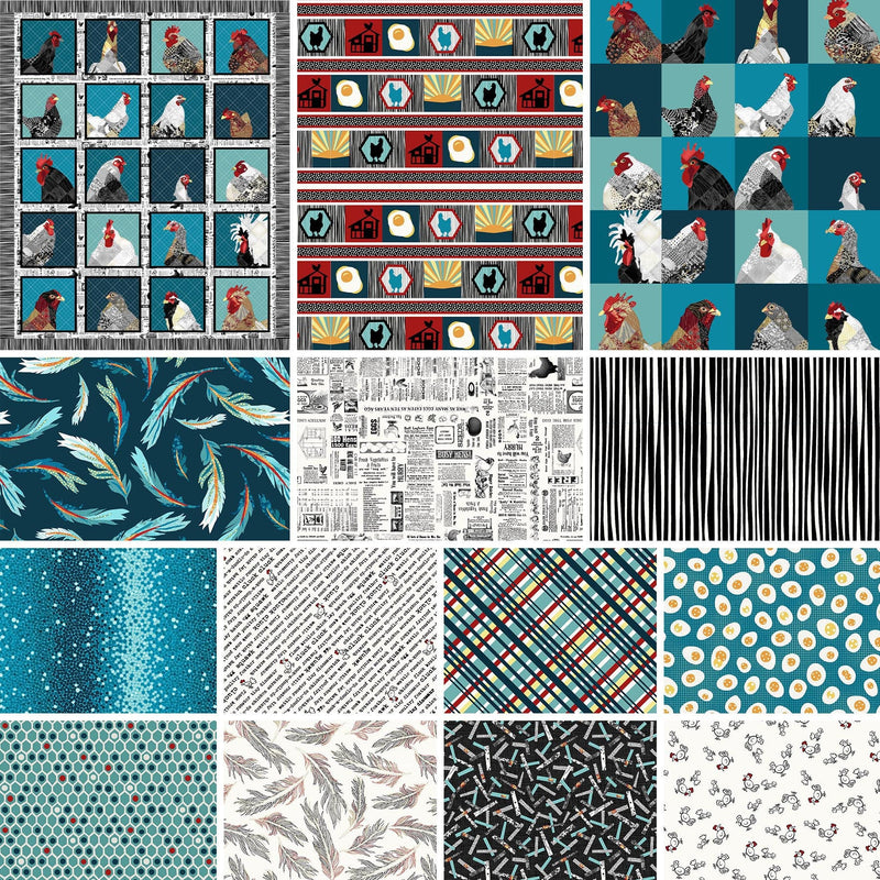 Tossed Feathers Teal-Red - Sold by the Half Yard - Timna Tarr - Zooming Chickens - StudioE Fabrics - E-7186-78