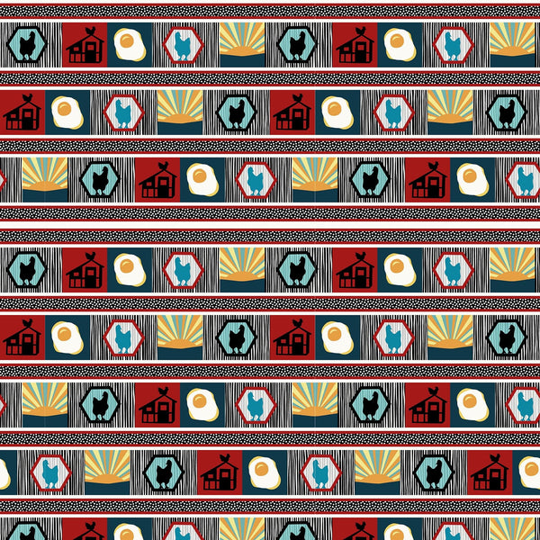 Border Stripe Teal/Red - Sold by the Half Yard - Timna Tarr - Zooming Chickens - StudioE Fabrics - 7197-78