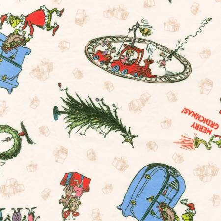 Minky Grinch Holiday Whoville Cream - Sold by the Half Yard - Licensed Dr. Seuss - 100% Quilting Cotton - Robert Kaufman - ADEDY-21775-205