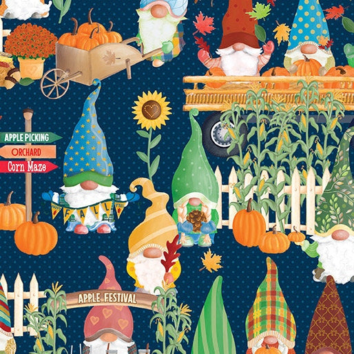 Happy Fall Scenic Dark Blue - Sold by the Half Yard - Falling for Gnomes - Andi Metz for Benartex - 100% Cotton - 14237 56