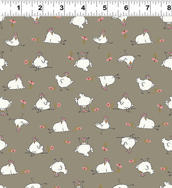 Chickens Taupe - Sold by the Half Yard - Cluck Cluck Bloom - Teresa Magnuson - Clothworks - Y3792-62
