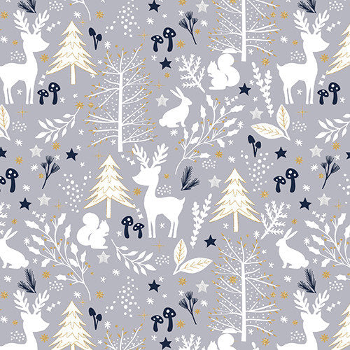 Animal Silhouettes Gray with Gold Glitter - Sold by the Half Yard - Majestic Winter - 100% Cotton - 3 Wishes Fabrics - 3MAJESTICWIN-20723