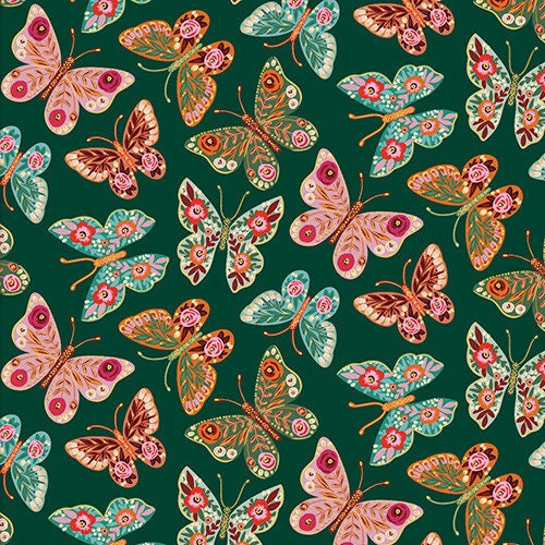 Tossed Butterflies - Sold by the Half Yard - Folk Flora - 3 Wishes Fabric - 100% Cotton - 20829 GREEN