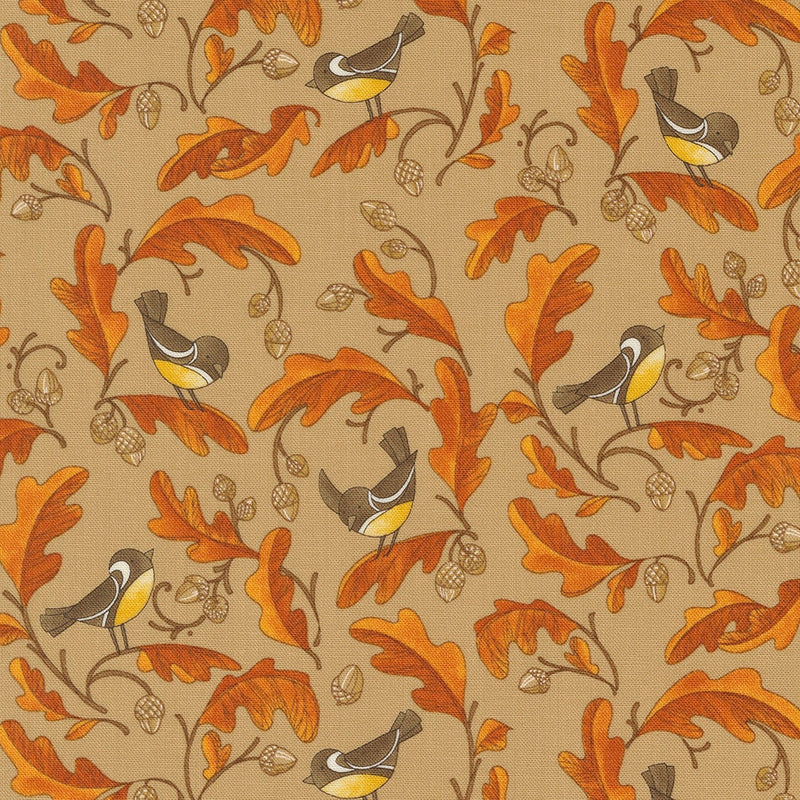 Chickadees and Acorns in Caramel - Sold by the Half Yard - Forest Frolic - Robin Pickens for Moda - 48742 14