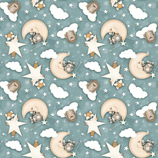 Moons Stars and Clouds in Blue - Sold by the Half Yard - Dream Big Little One - Shelley Comiskey for Henry Glass Fabrics - Q910-11
