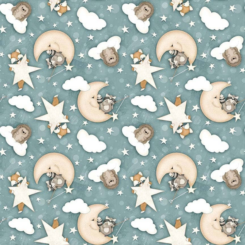 Moons Stars and Clouds in Blue - Sold by the Half Yard - Dream Big Little One - Shelley Comiskey for Henry Glass Fabrics - Q910-11