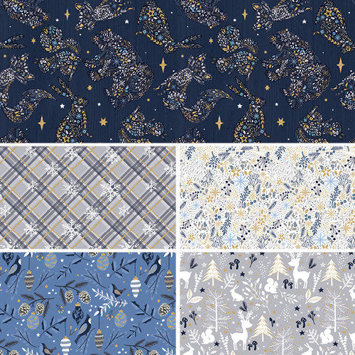 Birds and Branches Blue with Gold Glitter - Sold by the Half Yard - Majestic Winter - 100% Cotton - 3 Wishes Fabrics - 3MAJESTICWIN-20722