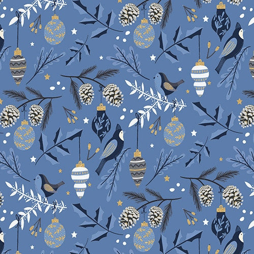 Birds and Branches Blue with Gold Glitter - Sold by the Half Yard - Majestic Winter - 100% Cotton - 3 Wishes Fabrics - 3MAJESTICWIN-20722