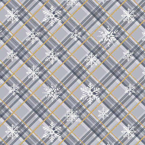 Snowflakes Plaid Gray with Gold Glitter - Sold by the Half Yard - Majestic Winter - 100% Cotton - 3 Wishes Fabrics - 3MAJESTICWIN-20720