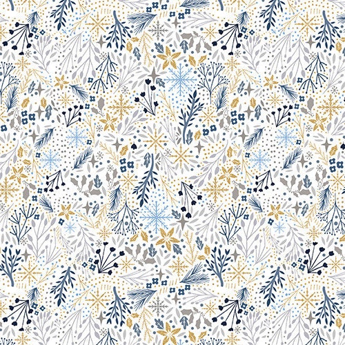 Packed Foliage White with Gold Glitter - Sold by the Half Yard - Majestic Winter - 100% Cotton - 3 Wishes Fabrics - 3MAJESTICWIN-20721