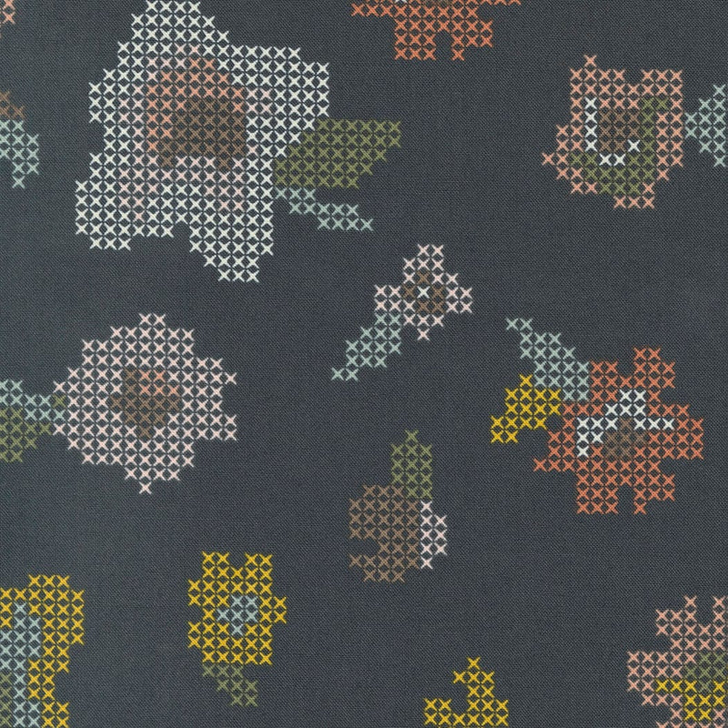 Cross Stitch Florals Charcoal - Sold by the Half Yard - Dawn on the Prairie - Fancy That Design House for Moda - 45571 19
