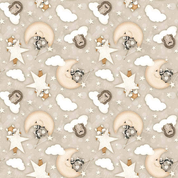 Moons Stars and Clouds in Beige - Sold by the Half Yard - Dream Big Little One - Shelley Comiskey for Henry Glass Fabrics - Q910-44