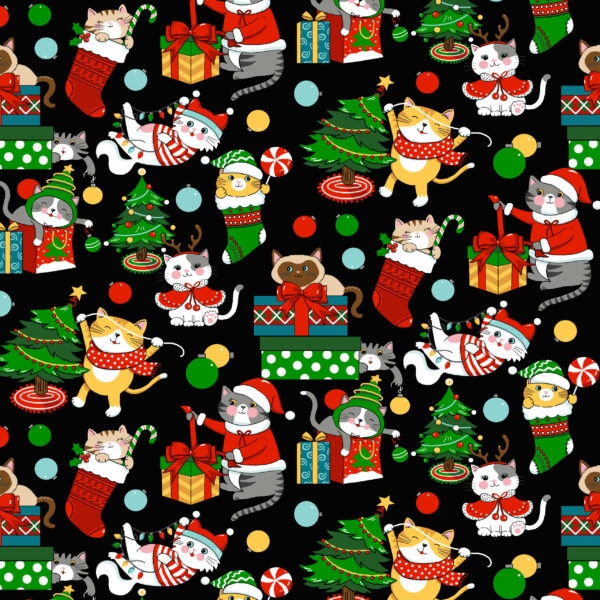 Catnip Xmas Black - Sold by the Half Yard - Yule Cool - Freckle and Lolly - Christmas Cats - D109-Z