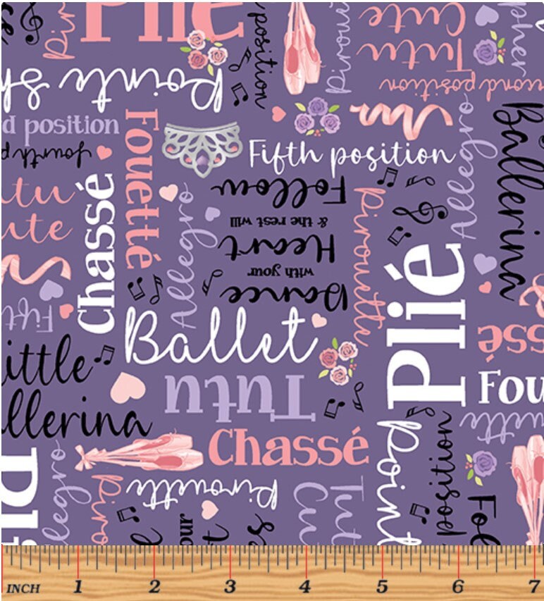 Ballet Words on Purple - Sold by the Half Yard - Tutu Cute by Nicole DeCamp for Benartex - 14141-66