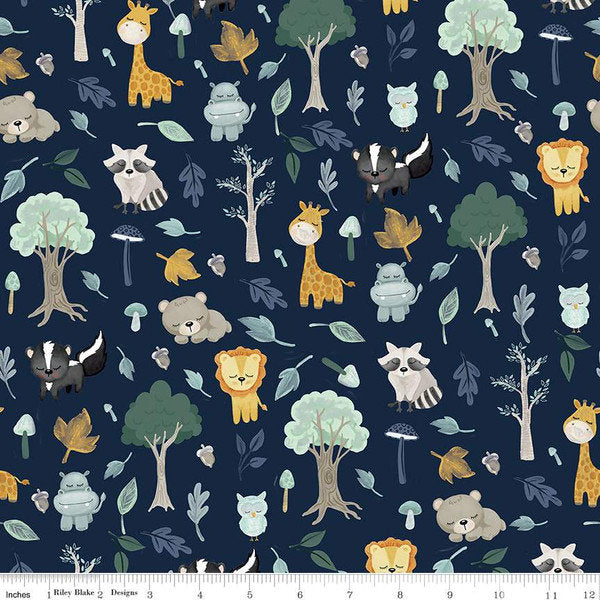 Baby Animals It's a Boy on Navy Flannel - Sold by the Half Yard - Double Brushed 2-ply Flannel - Echo Park Paper Co - F13903-NAVY