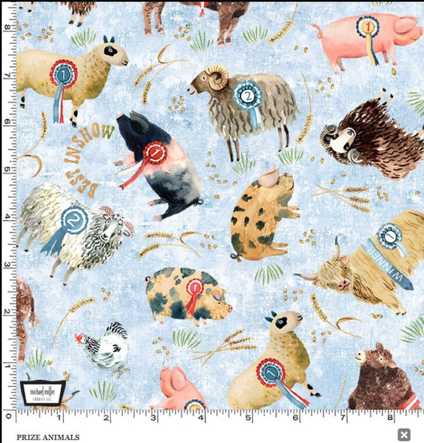 Town Fair Prize Animals Blue - Sold by the Half Yard - Louise Nisbet for Michael Miller Fabrics - DC 11340-BLUE