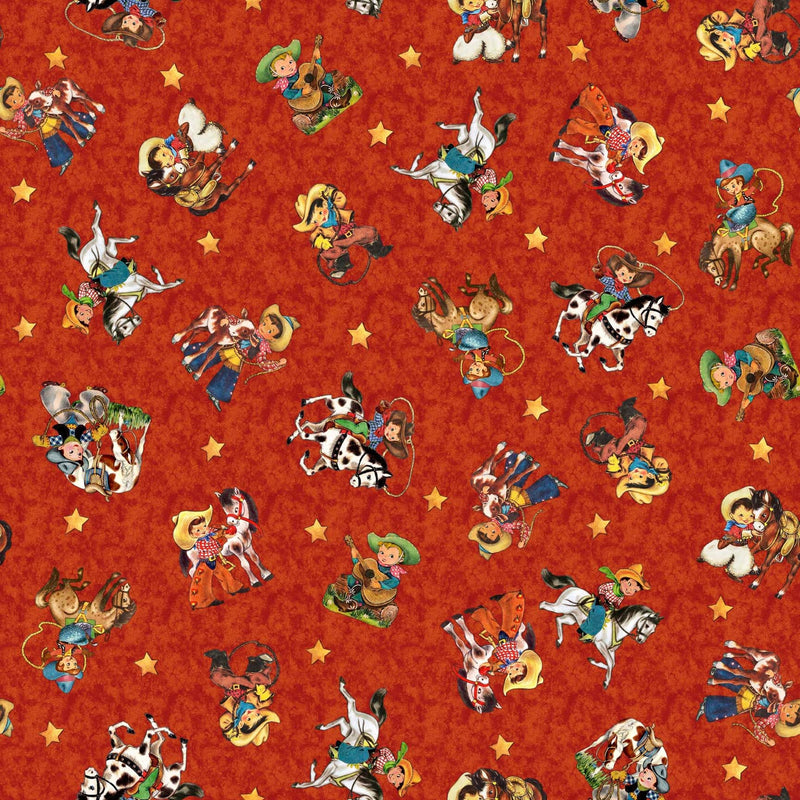 Retro Cowboy Toss Red - Priced by the Half Yard - Cowboy Up by Morris Creative Group for QT Fabrics - 29846 R