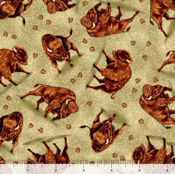 Tossed Bison Sage - Priced by the Half Yard - Wild Bison by Dallen Lambson for QT Fabrics - 30029 H