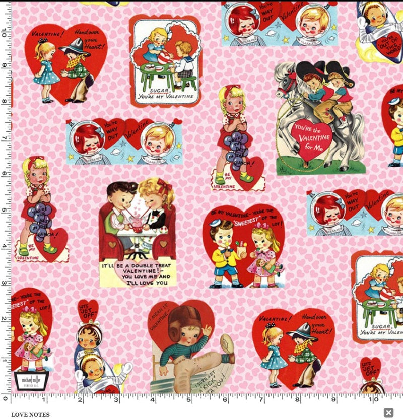 Vintage Valentines Pink Love Notes Digitally Printed Yardage | SKU#  DCX10985-PINK-D
