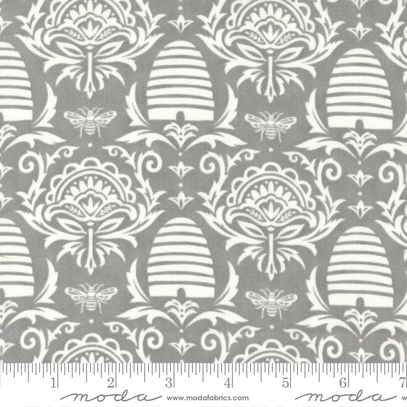 Bee Skep Damask on Pebble Gray - Sold by the Half Yard - Honey and Lavender by Deb Strain for Moda Fabrics - 56082 27