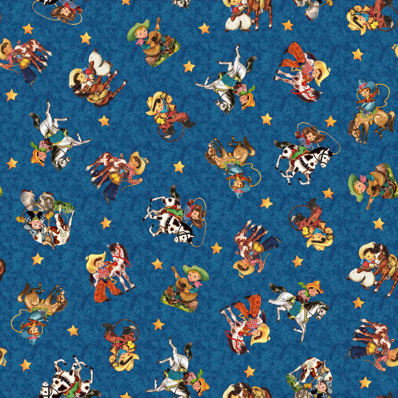 Retro Cowboy Toss Blue - Priced by the Half Yard - Cowboy Up by Morris Creative Group for QT Fabrics - 29846 W