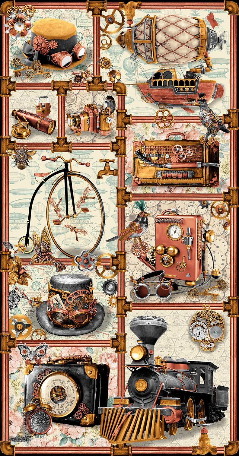 Time Travel Steampunk Panel - 24" x 44" - Urban Essence Designs for Blank Quilting - 3021P-41 Ivory