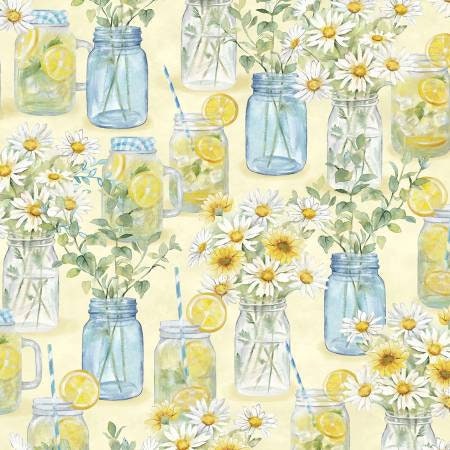 Mason Jars on Yellow - Priced by the Half Yard - Zest for Life - Cynthia Coulter for Wilmington Prints - Lemon Fabric - 19153-547