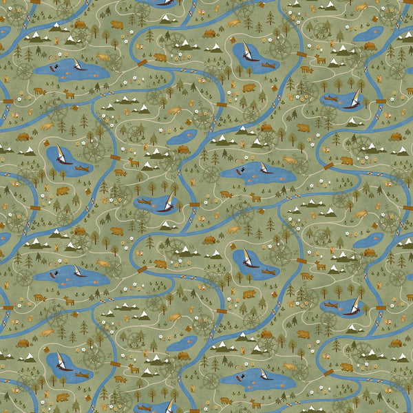 Map Flannel Green - Priced by the Half Yard - The Mountains are Calling by Janet Nesbitt for Henry Glass - F-3139-66 Green