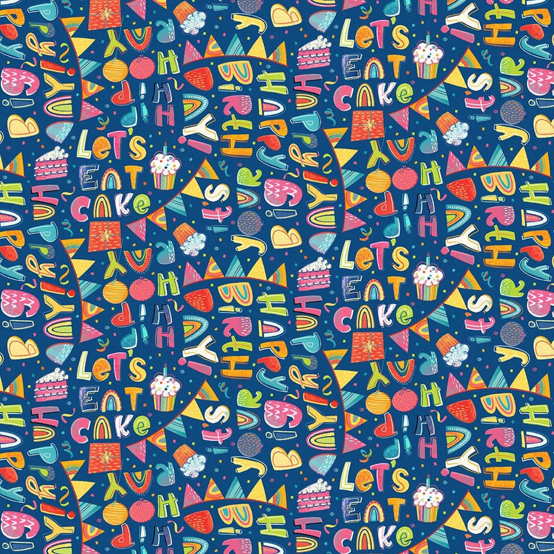 Birthday Words Navy - Priced by the Half Yard - Let's Eat Cake - Blank Quilting - 3092-77