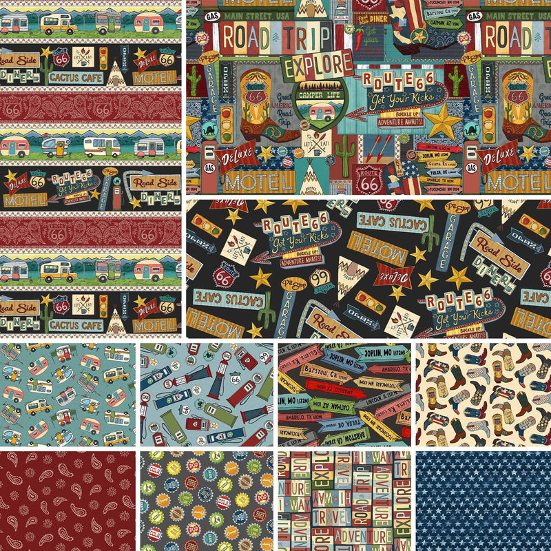 Route 66 Icons - Priced by the Half Yard - Adventure Awaits by Jackie Decker for Blank Quilting - 2943-99 Black