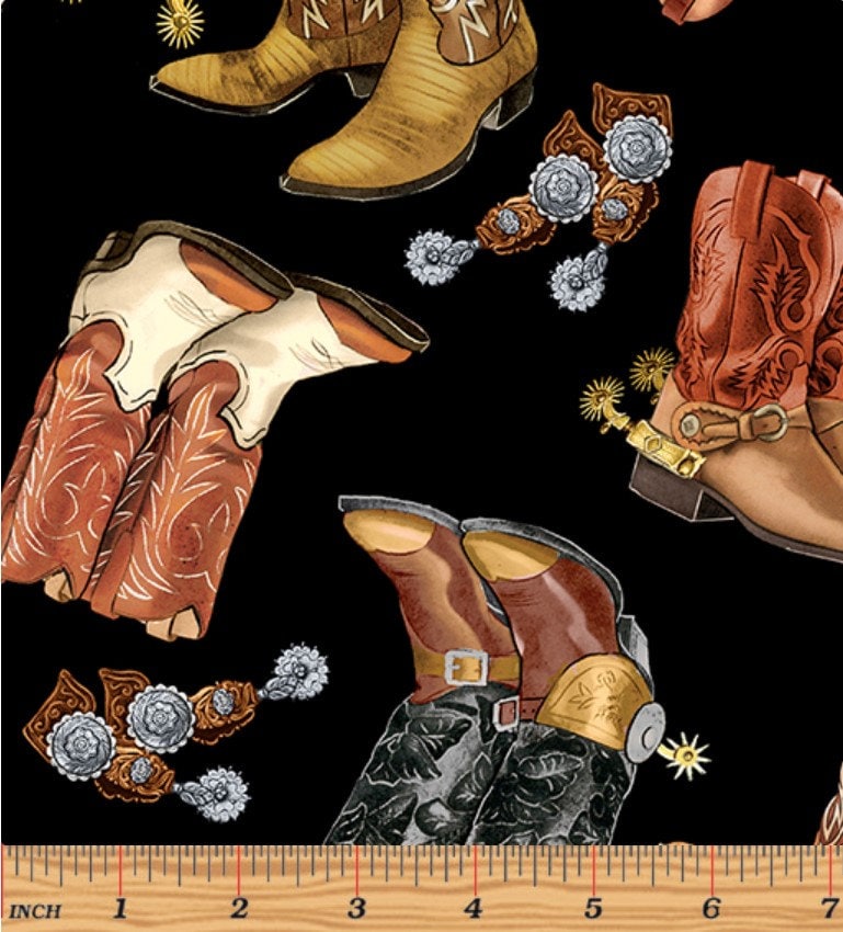 108" Cowboy Boots on Black - Priced by the Half Yard - Yellowstone Quilt Backing - Kanvas Studio - 14484W-12