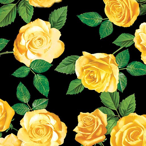 Yellow Rose Garden on Black - Priced by the Half Yard - Flowers of Friendship - Kanvas Studio - 14509-12
