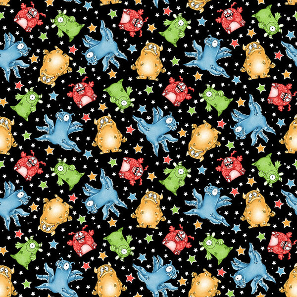 Monsters & Stars Glow in the Dark Black - Priced by the Half Yard - Monsterocity by Shelley Comiskey for Henry Glass - 1231G-99
