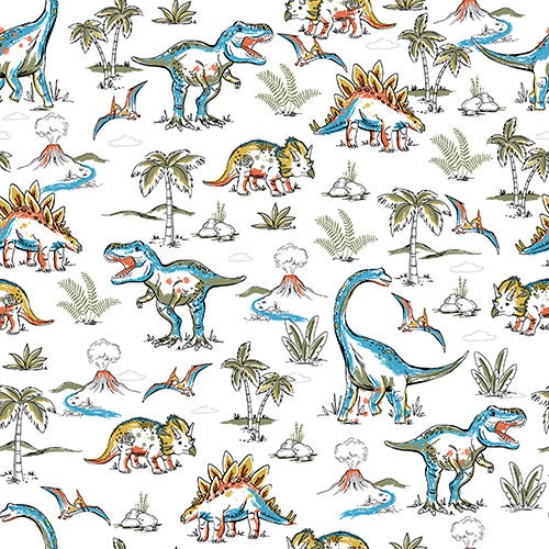 Mighty Dino Landscapes Flannel - Priced by the Half Yard - Totally Roarsome - 3TOTALLYROAR-21672 White
