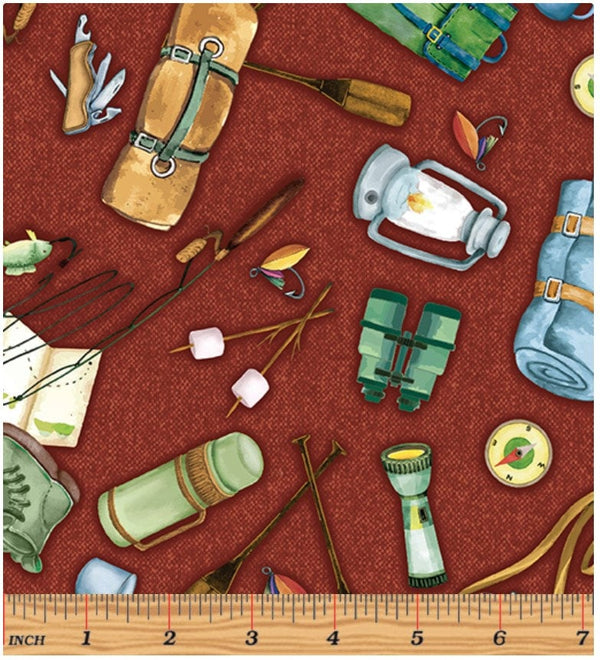 Gone Camping Motifs Red - Priced by the Half Yard - Live, Love, Camp by Nicole Decamp for Benartex - 14453-10