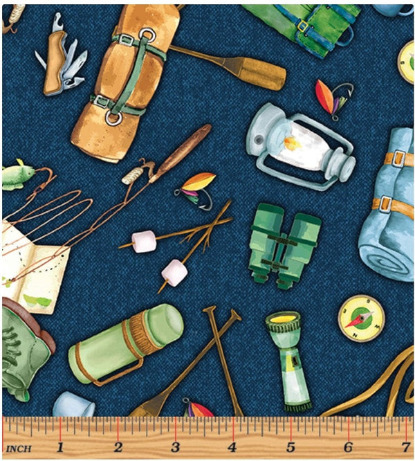Gone Camping Motifs Navy - Priced by the Half Yard - Live, Love, Camp by Nicole Decamp for Benartex - 14453-55