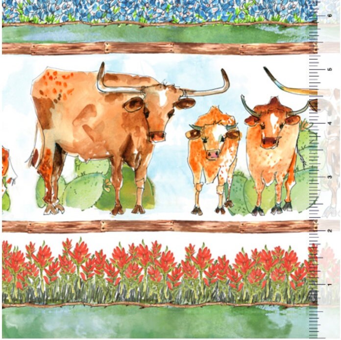 Longhorns Border Stripe - Priced by the Half Yard - Longhorns by Kathleen McElwaine for QT Fabrics - 28076-X