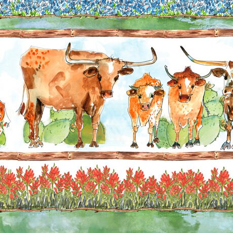 Longhorns Border Stripe - Priced by the Half Yard - Longhorns by Kathleen McElwaine for QT Fabrics - 28076-X