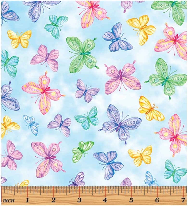 Springtime Butterflies Blue - Priced by the Half Yard - Cottontail Farms by Nicole Decamp for Benartex - 14409-54