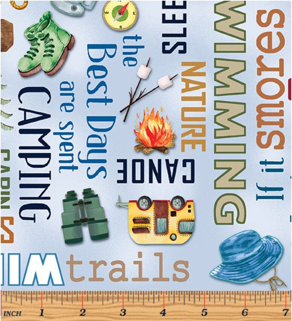 Camping Words Blue - Priced by the Half Yard - Live, Love, Camp by Nicole Decamp for Benartex - 14450-54