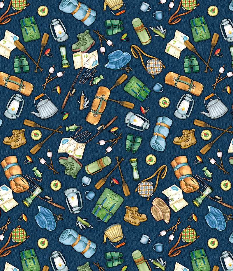 Gone Camping Motifs Navy - Priced by the Half Yard - Live, Love, Camp by Nicole Decamp for Benartex - 14453-55